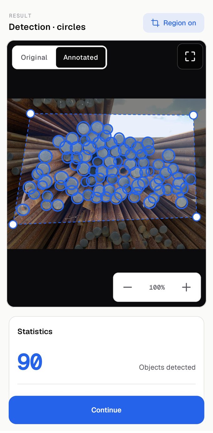 Result screen: a bundle of tubes with every round end circled, 90 objects in total