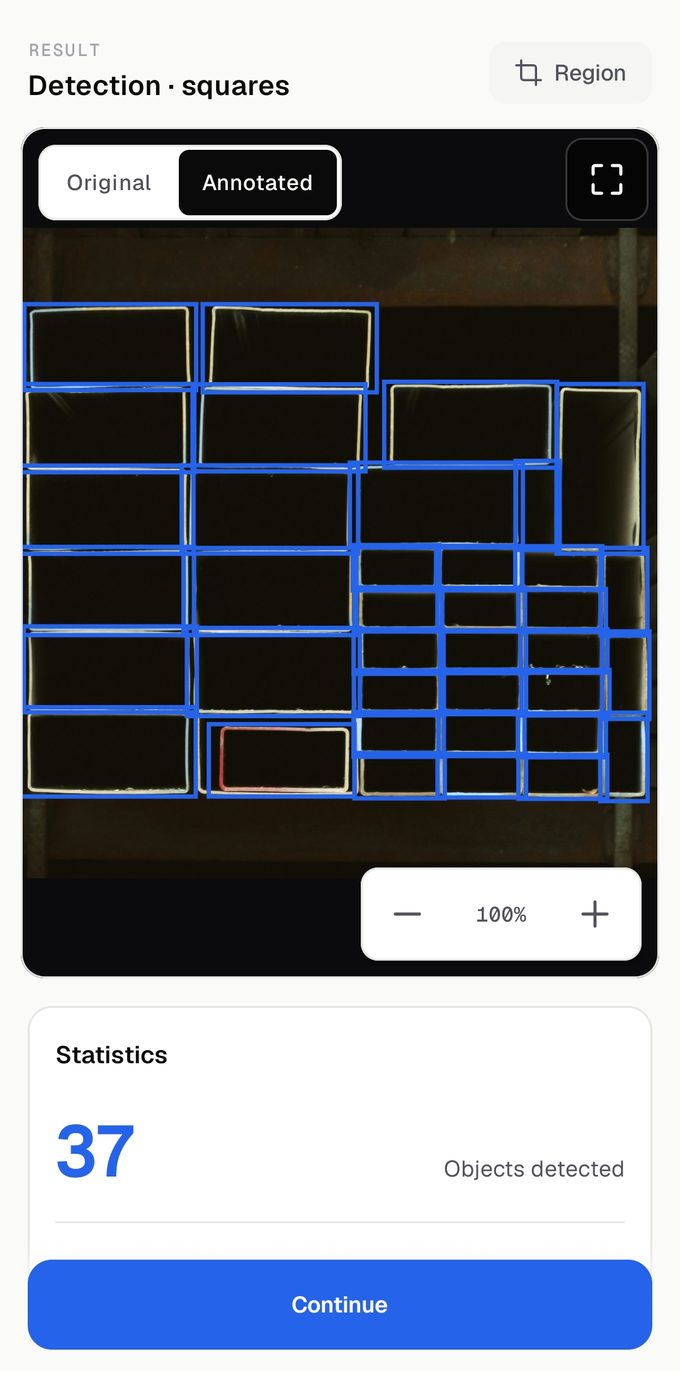 Result screen: a stack of square profile with every end outlined, 37 objects in total